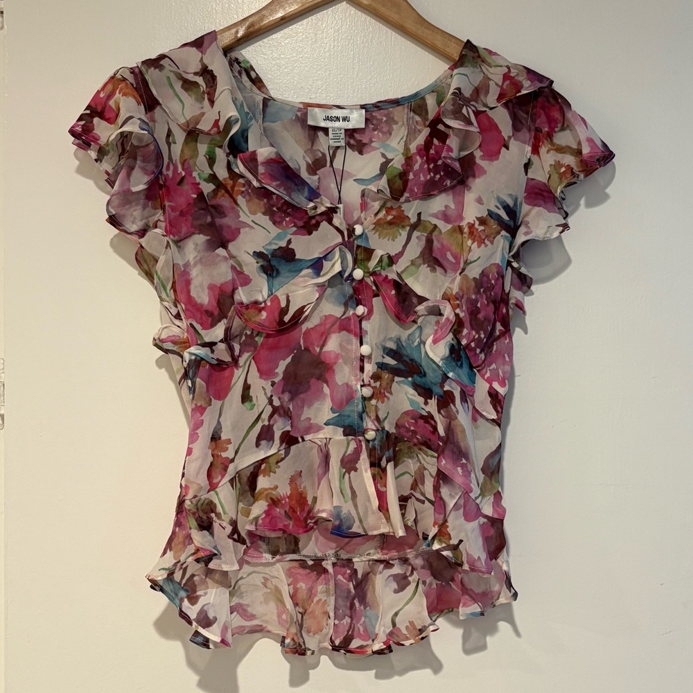 Jason Wu Floral Ruffle Button-Front Flutter Sleeve Blouse XS